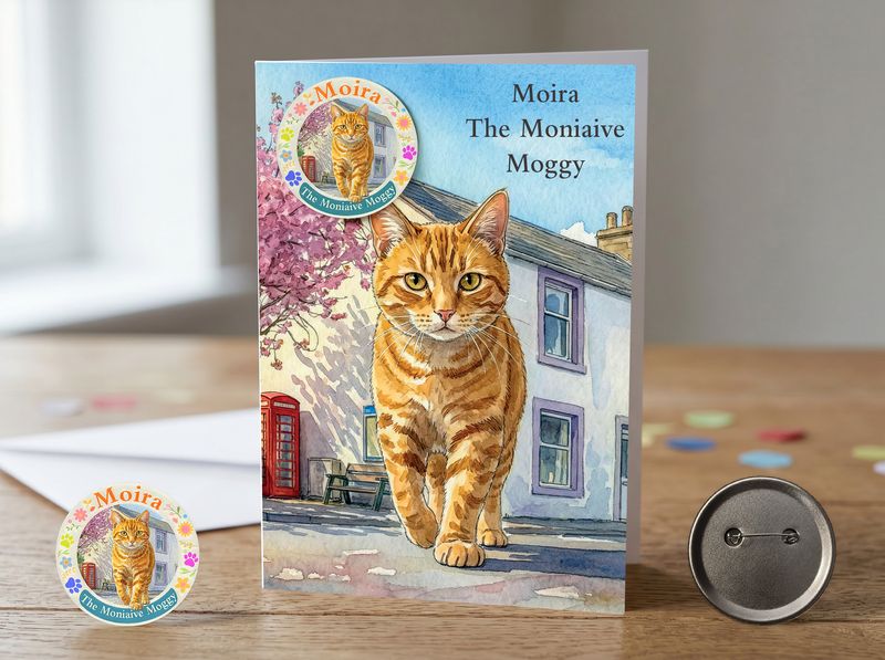 Moira the Moniaive Moggy – C5 Greetings Card &amp; Badge Set