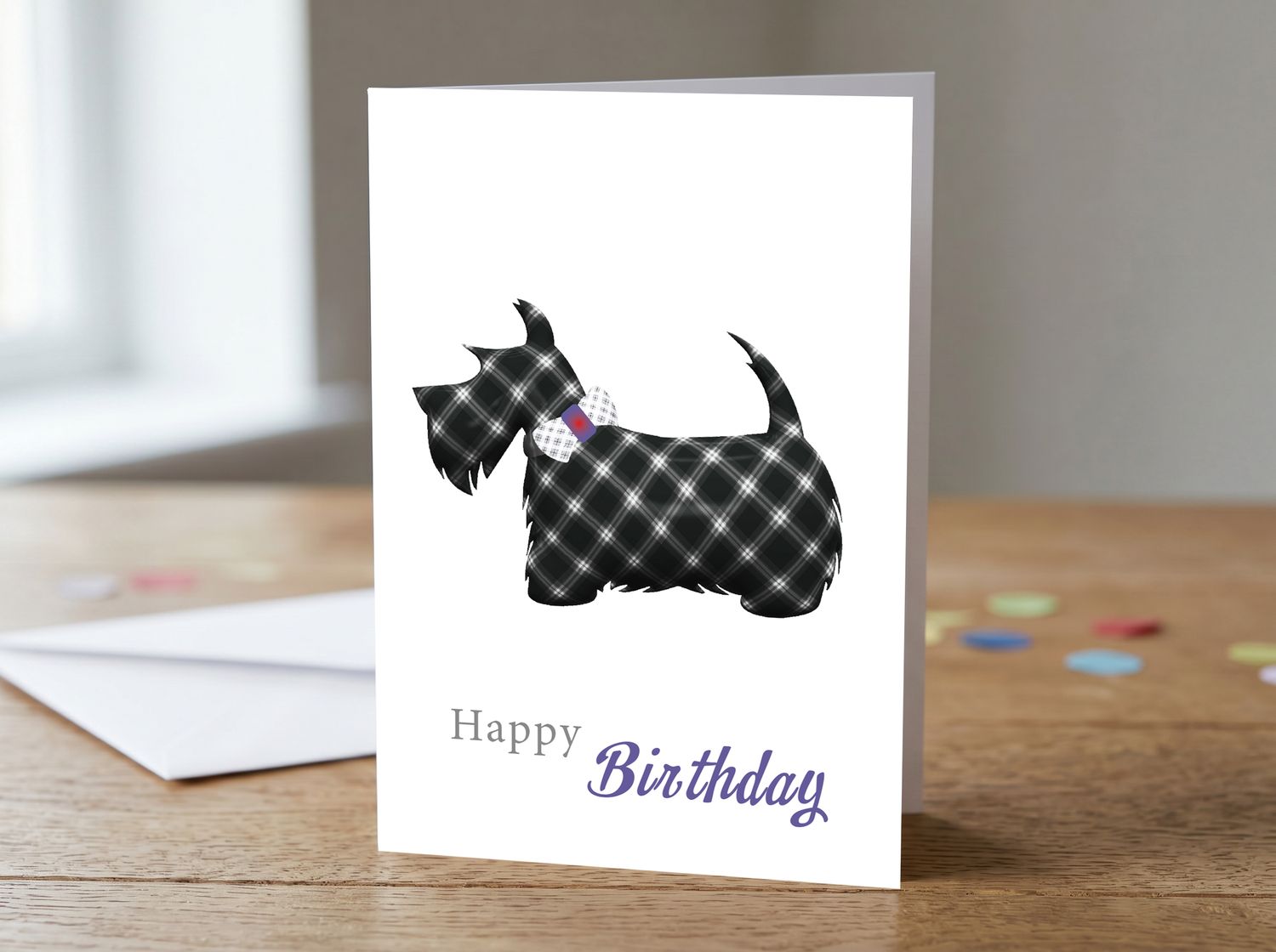 Tartan Scottie Dog (Black) Happy Birthday Card – 5x7 Greetings Card