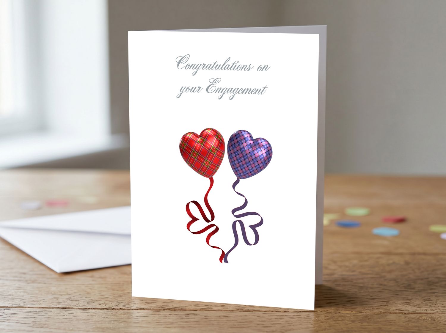Happy Engagement Greetings Card – Tartan Heart Balloon Design (Red &amp; Purple) (5 × 7 Inch)