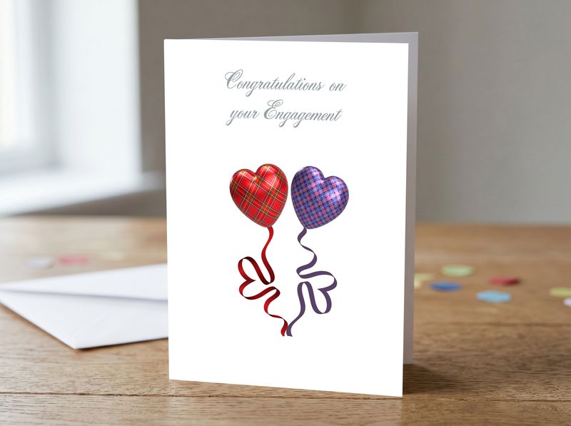 Happy Engagement Greetings Card – Tartan Heart Balloon Design (Red &amp; Purple) (5 × 7 Inch)
