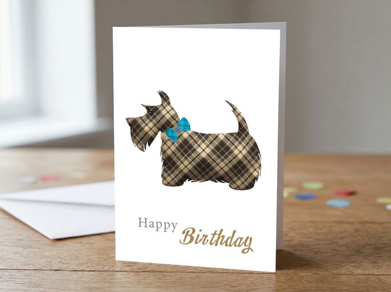 Tartan Scottie Dog (Beige) Happy Birthday Card – 5x7 Greetings Card