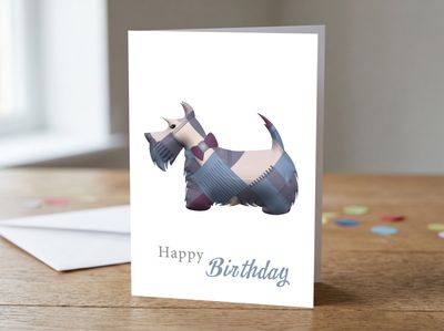 Tartan Scottie Dog (Patchwork) Happy Birthday Card – 5x7 Greetings Card
