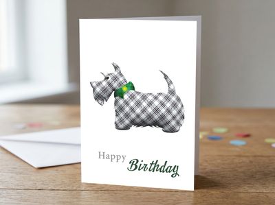 Tartan Scottie Dog (White) Happy Birthday Card – 5x7 Greetings Card