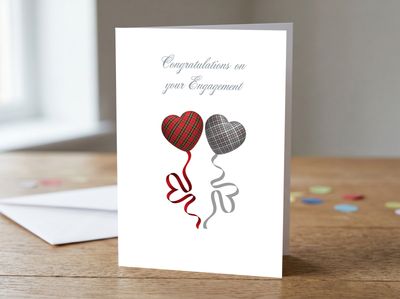 Happy Engagement Greetings Card – Tartan Heart Balloon Design (Red &amp; Grey) (5 × 7 Inch)