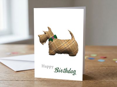 Tartan Scottie Dog (Tweed) Happy Birthday Card – 5x7 Greetings Card
