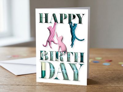 5 x 7" portrait greetings card featuring illustrated tartan cats in a playful birthday design.