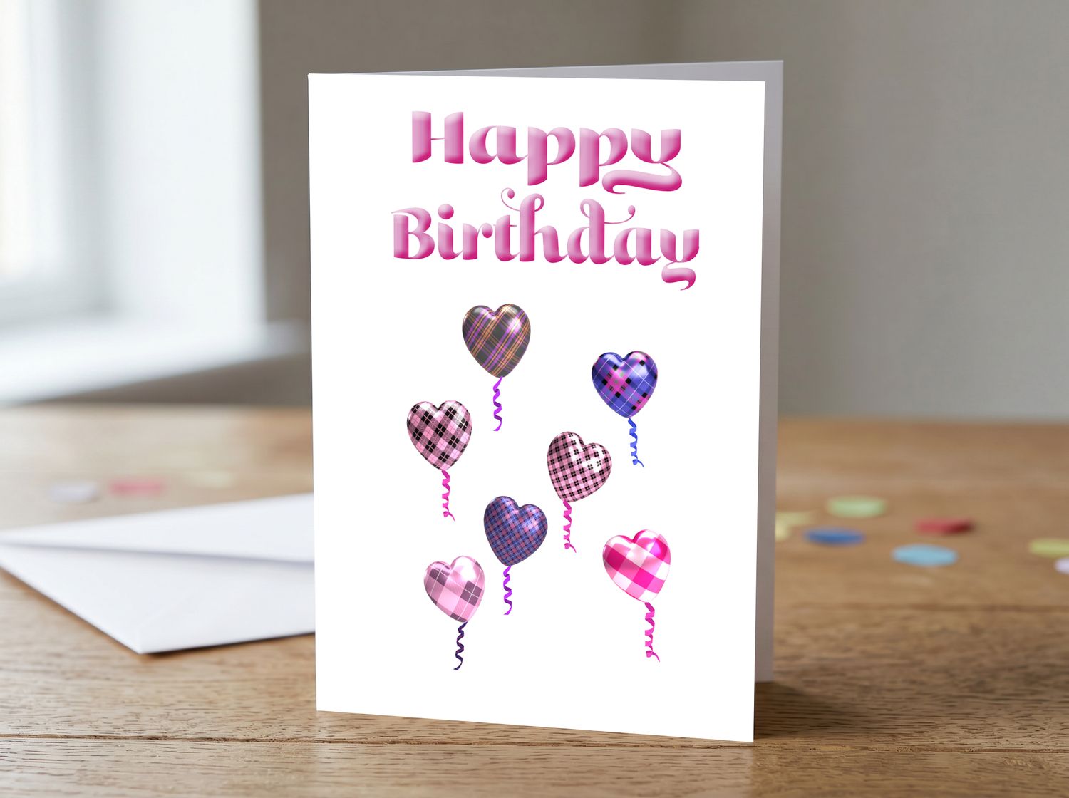 Pink Tartan Heart Balloon Happy Birthday Card – 5x7 Greetings Card