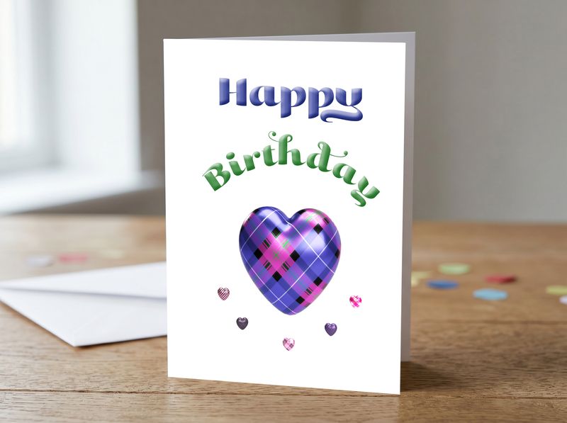 Purple Tartan Heart Happy Birthday Card – 5x7 Greetings Card