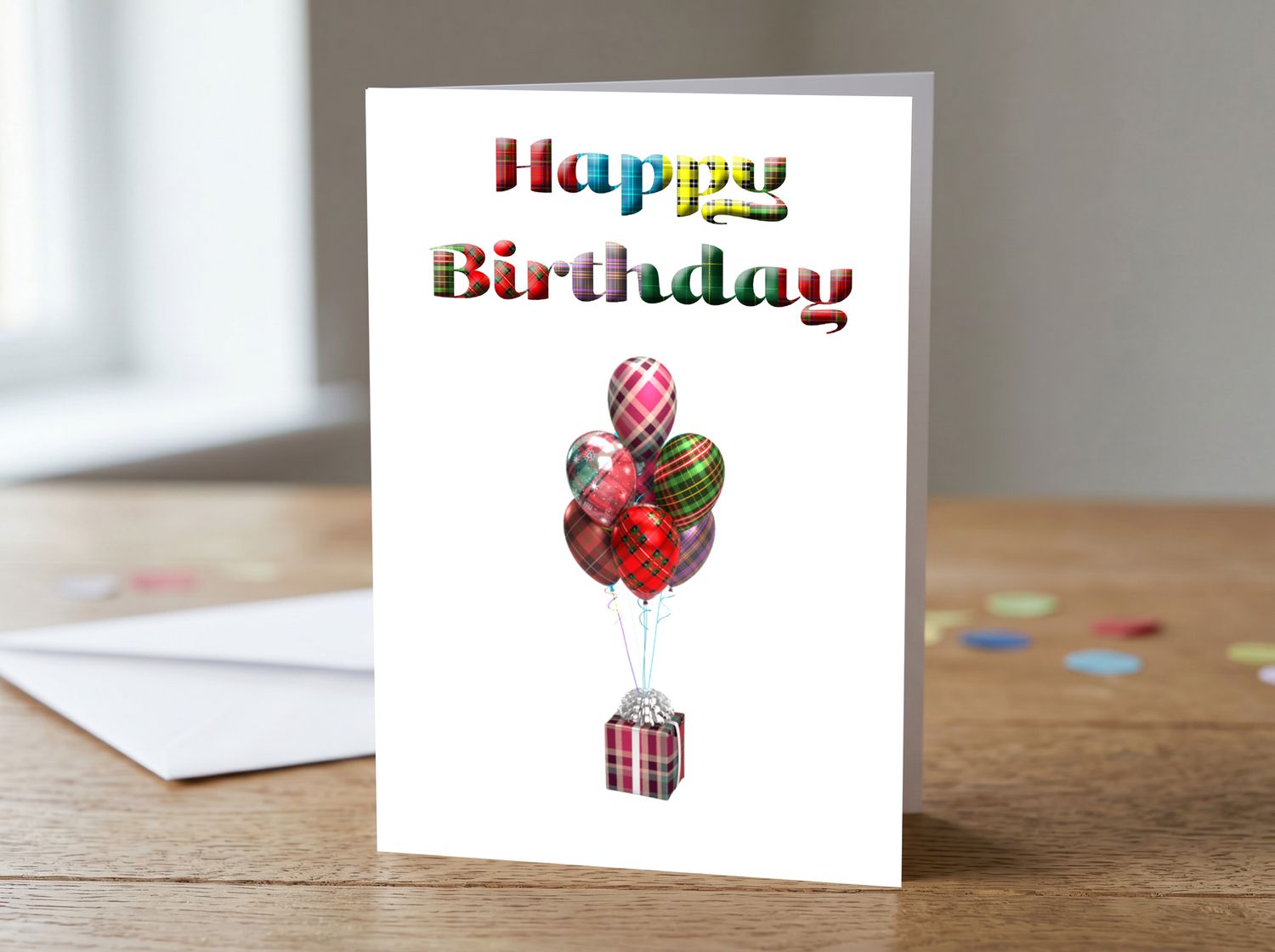 Colourful Tartan Balloon Happy Birthday Card – 5x7 Greetings Card