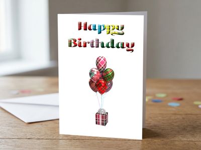 Colourful Tartan Balloon Happy Birthday Card – 5x7 Greetings Card