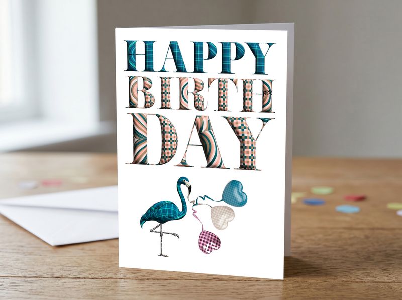 Happy Birthday (Tartan Flamingo &amp; Hearts) Greeting Card