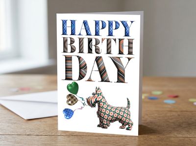 Tartan Scottie Dog (Beige) Happy Birthday Card with Balloons – 5x7 Greetings Card