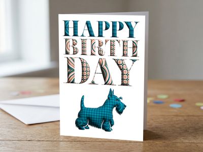 Blue Tartan Scottie Dog Happy Birthday Card – 5x7 Greetings Card