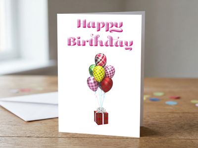 Pink Tartan Balloon Happy Birthday Card – 5x7 Greetings Card