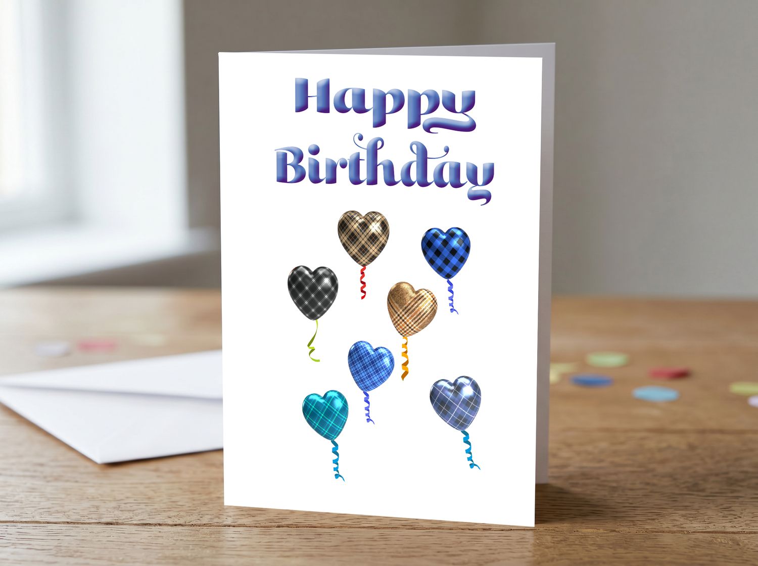 Blue Tartan Heart Balloon Happy Birthday Card – 5x7 Greetings Card