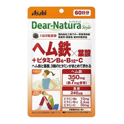 Asahi Dear-Natura Style Гемовое Железо и Фолиевая кислота + Витамины B6, B12, C