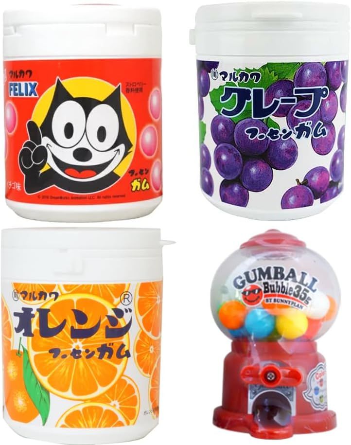 Marukawa Gum Bottled Gum Assortment Set with Bonus (3 Types + Gumball Machine, Philix Strawberry, Orange, Grape)