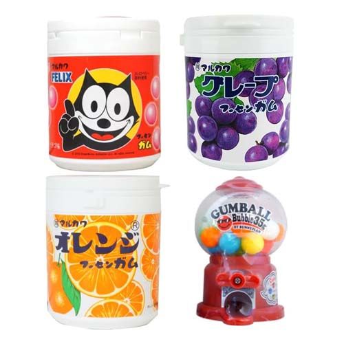 Marukawa Gum Bottled Gum Assortment Set with Bonus (3 Types + Gumball Machine, Philix Strawberry, Orange, Grape)