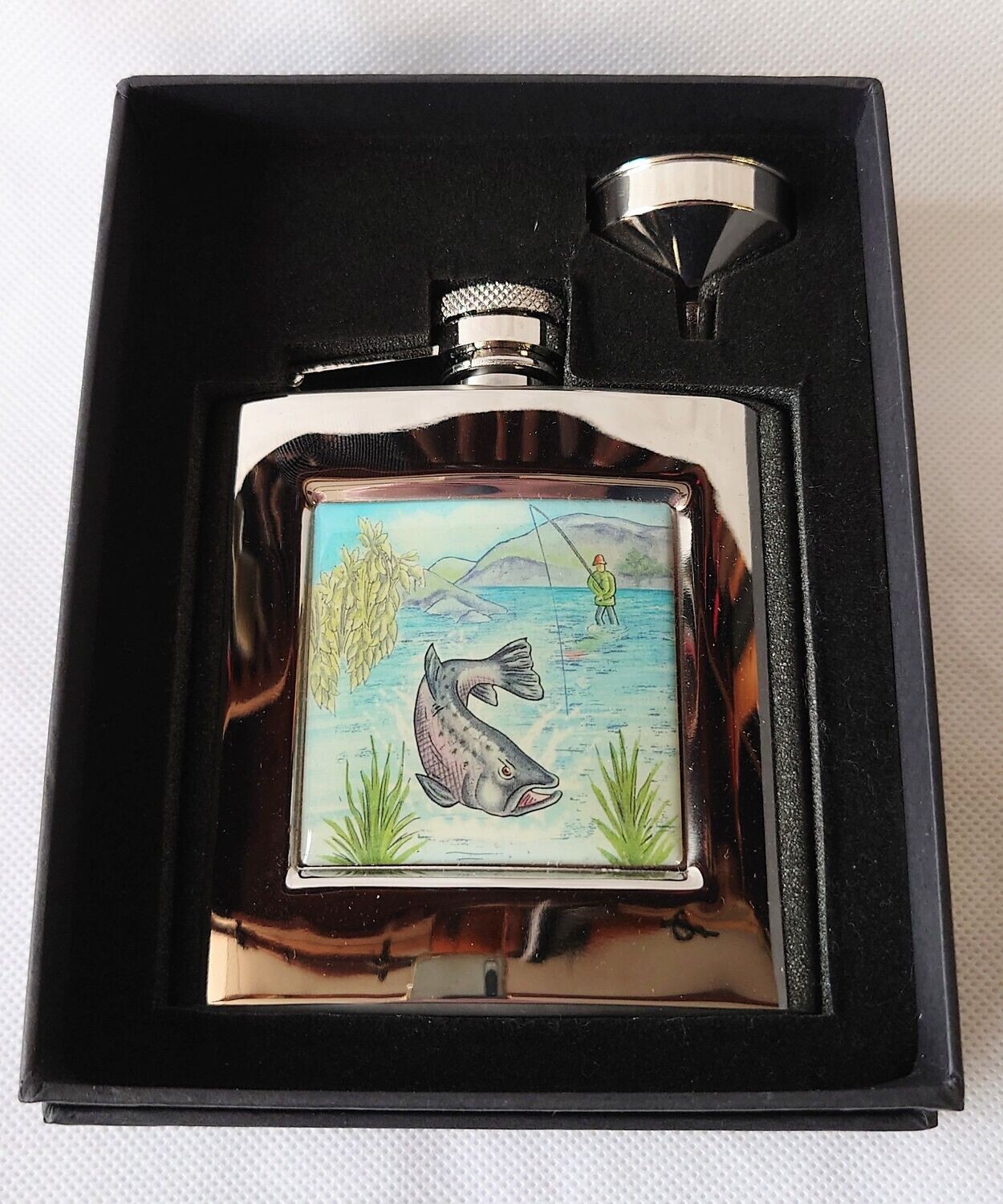 6oz Square Salmon Flask in Presentation Box by Bisley