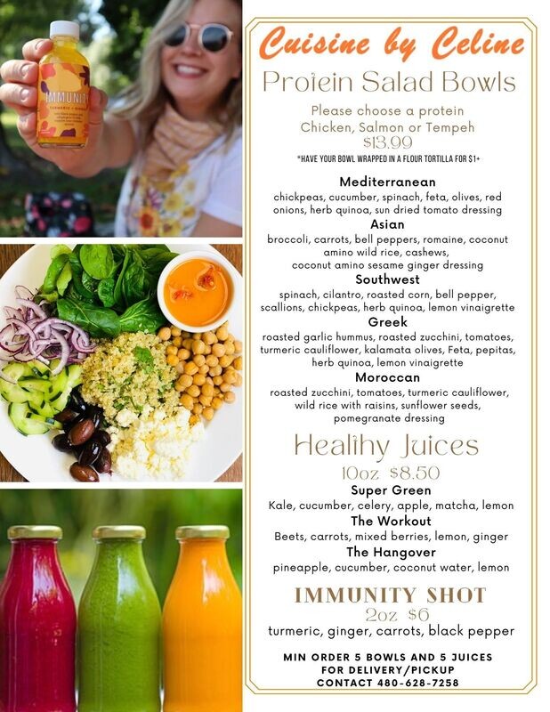 Protein Salad Bowls/Wraps and Fresh Juices.  Minimum order is 5 bowls