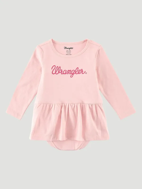 BABY GIRL'S LONG SLEEVE LOGO SKIRTED BODYSUIT IN CORAL BLUSH