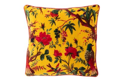 Kussen vogel/bloemenprint katoenfluweel geel - blauw