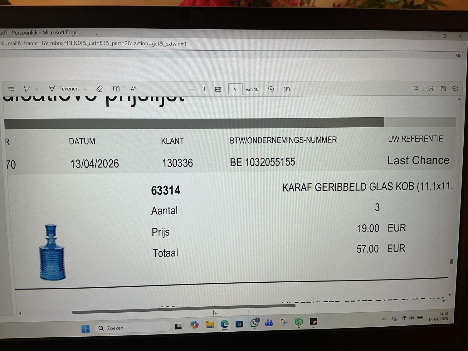 63314 karaf geribbeld glas kob