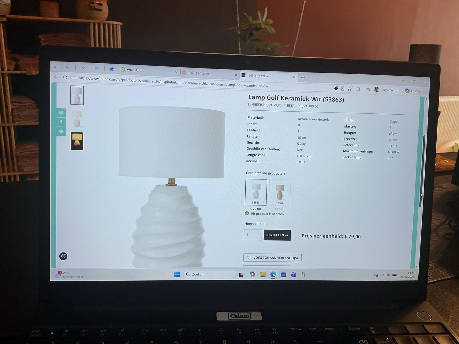 53863 lamp golf keramiek wit