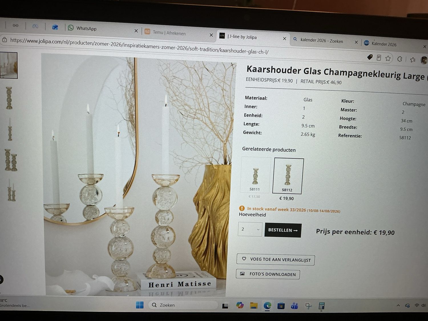 58112 kaarshouder glas champagnekleur L