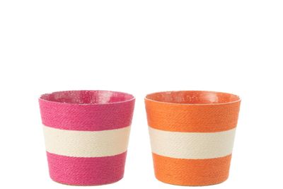 Bloempot touw streep roze/oranje L Bloempot touw streep roze/oranje L
