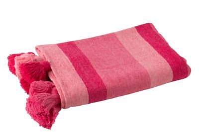 Plaid à rayures et pompons rose