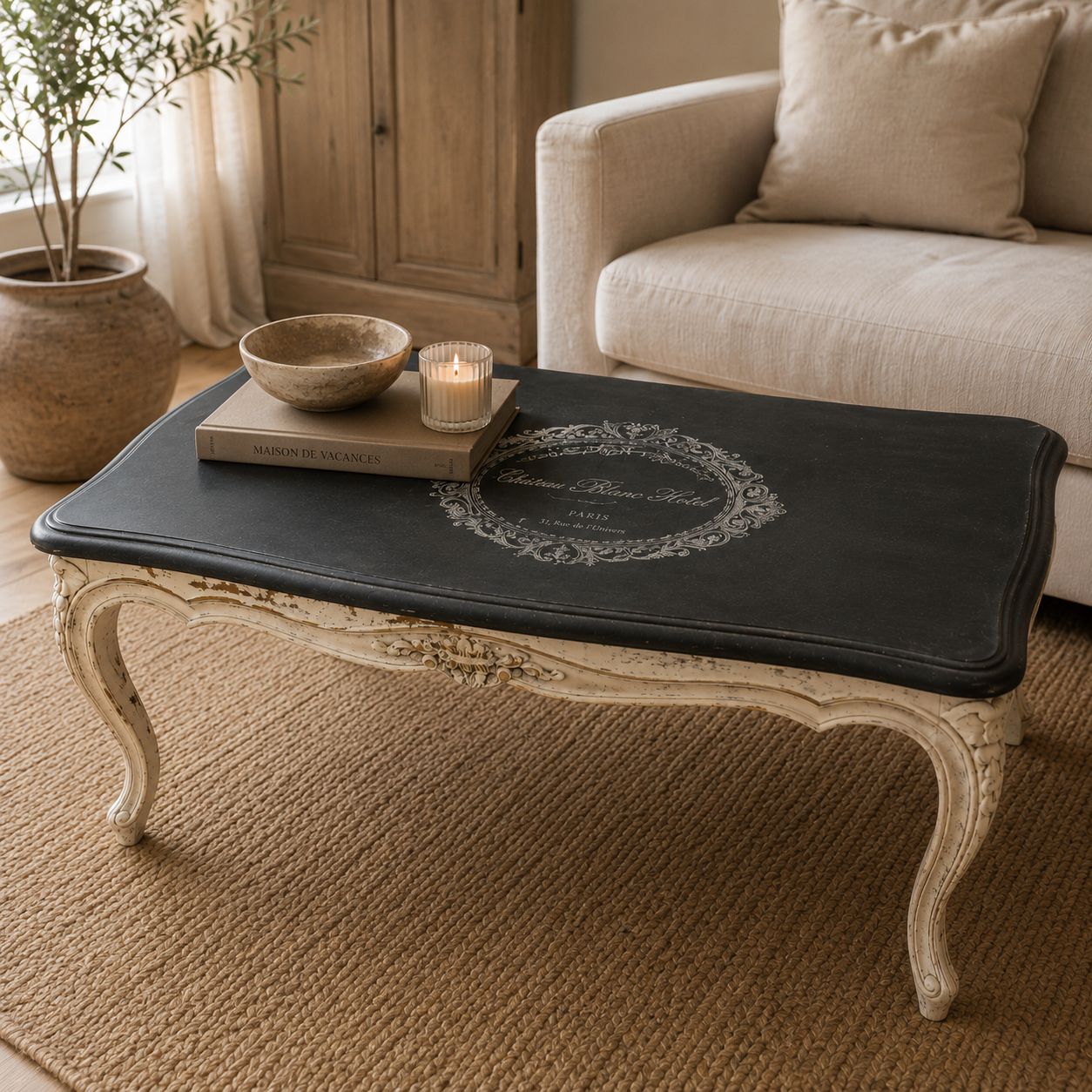 Gerestaureerde Franse salontafel met marmeren tafelblad Gerestaureerde Franse salontafel met marmeren tafelblad