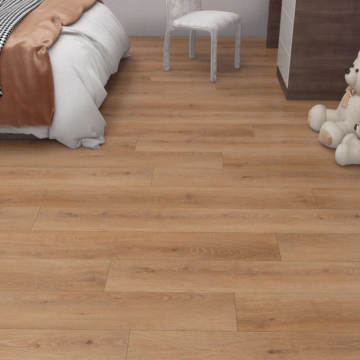 Raumbild von Klick Vinyl in brauner Holzoptik in einem Schlafzimmer. Warm Oak 31