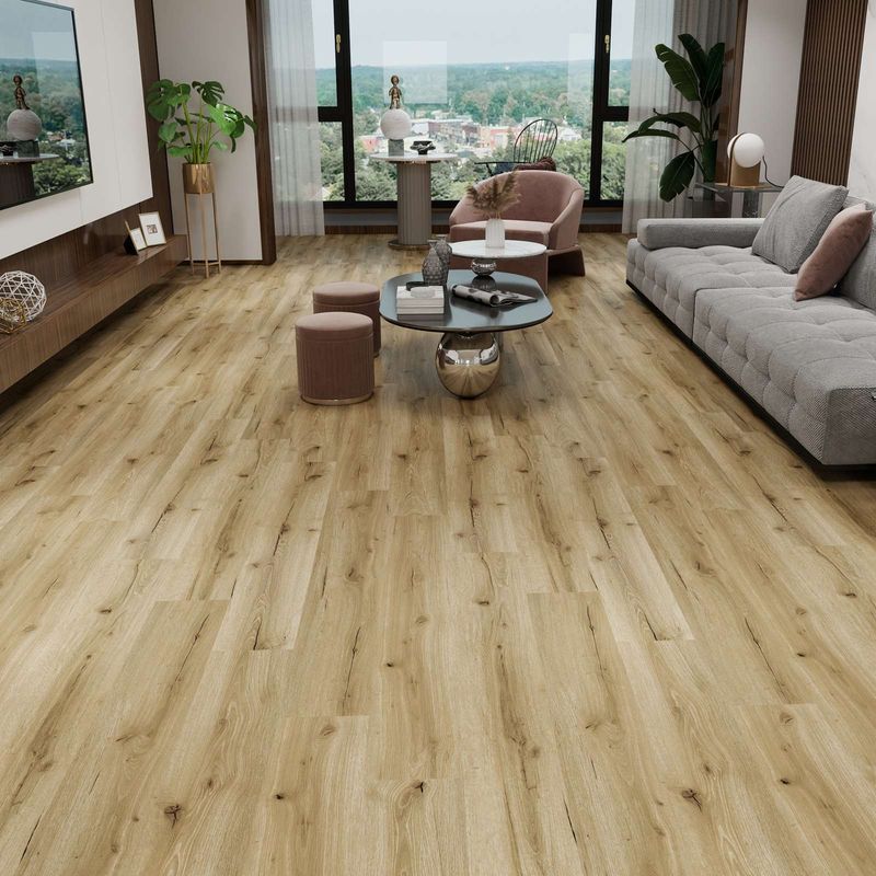 Klick Vinyl in rustikaler und brauner Holzoptik in einem Wohnzimmer. Castello Grande