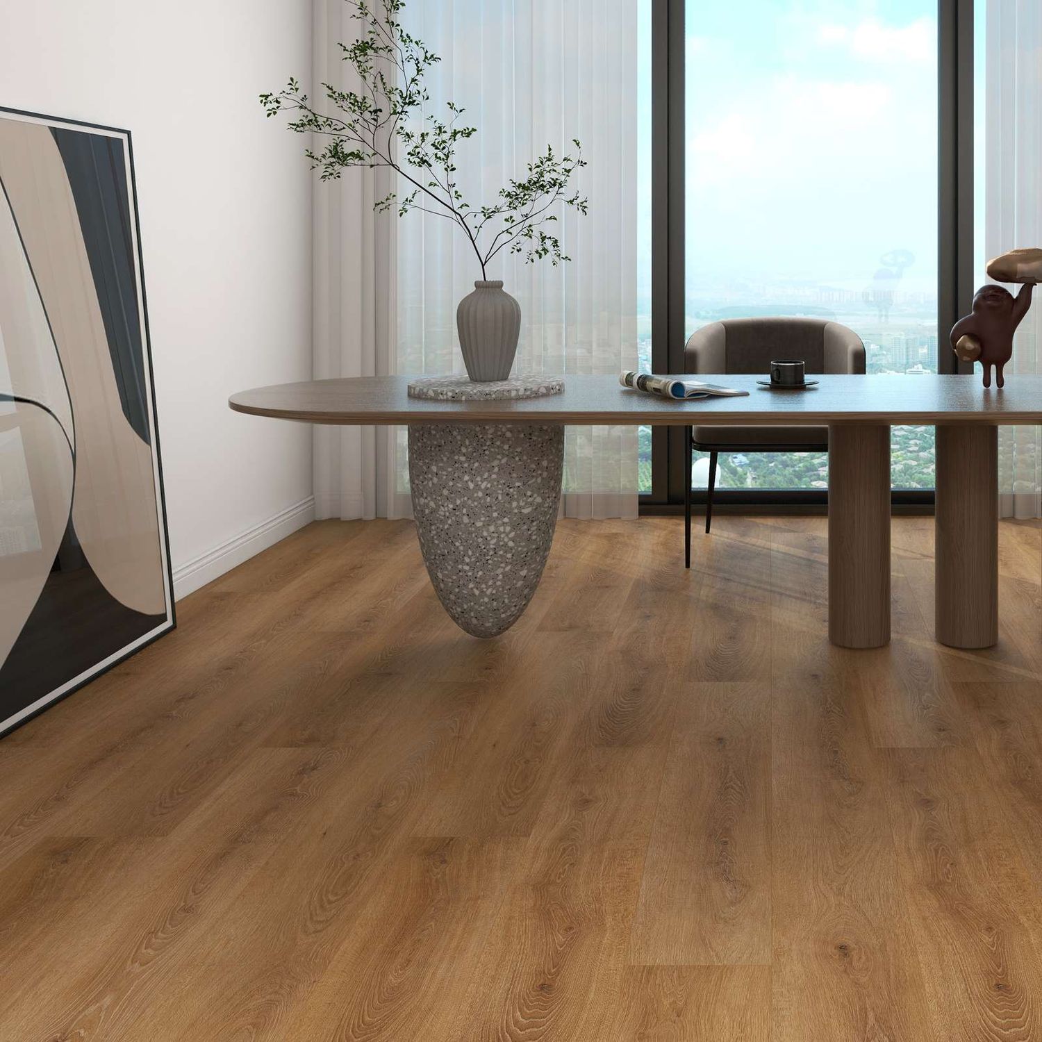 Klick-Vinyl Holzoptik Dark Oak 46 mit integrierter Dämmung - 1 Paket 2,20 m² Raumfoto eines Klick Vinyl in dunkelbrauner Holzoptik in einem Büro. Dark Oak 46