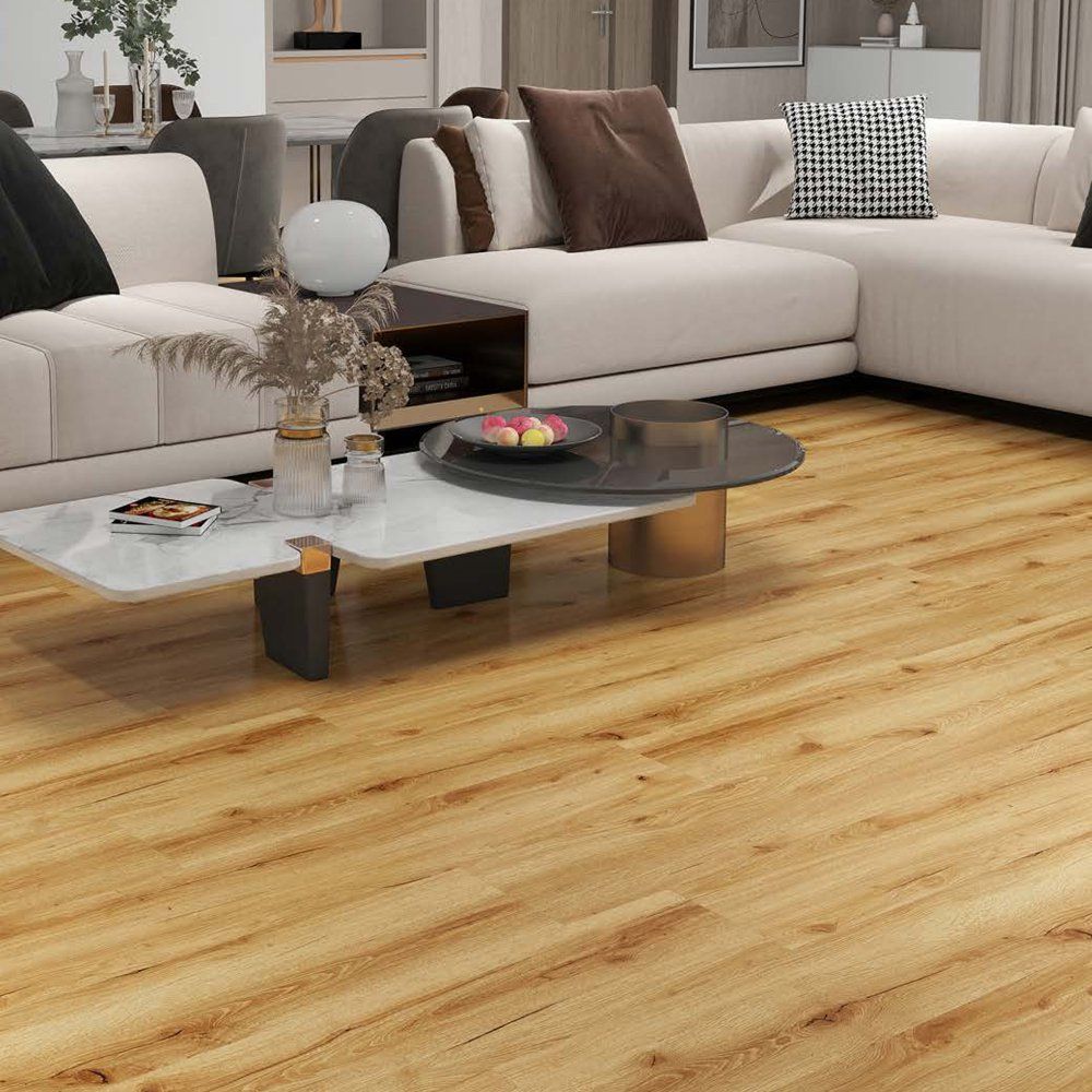 Klick Vinyl in brauner und rustikaler Holzoptik in einem Wohnzimmer. Palazzo Nuevo