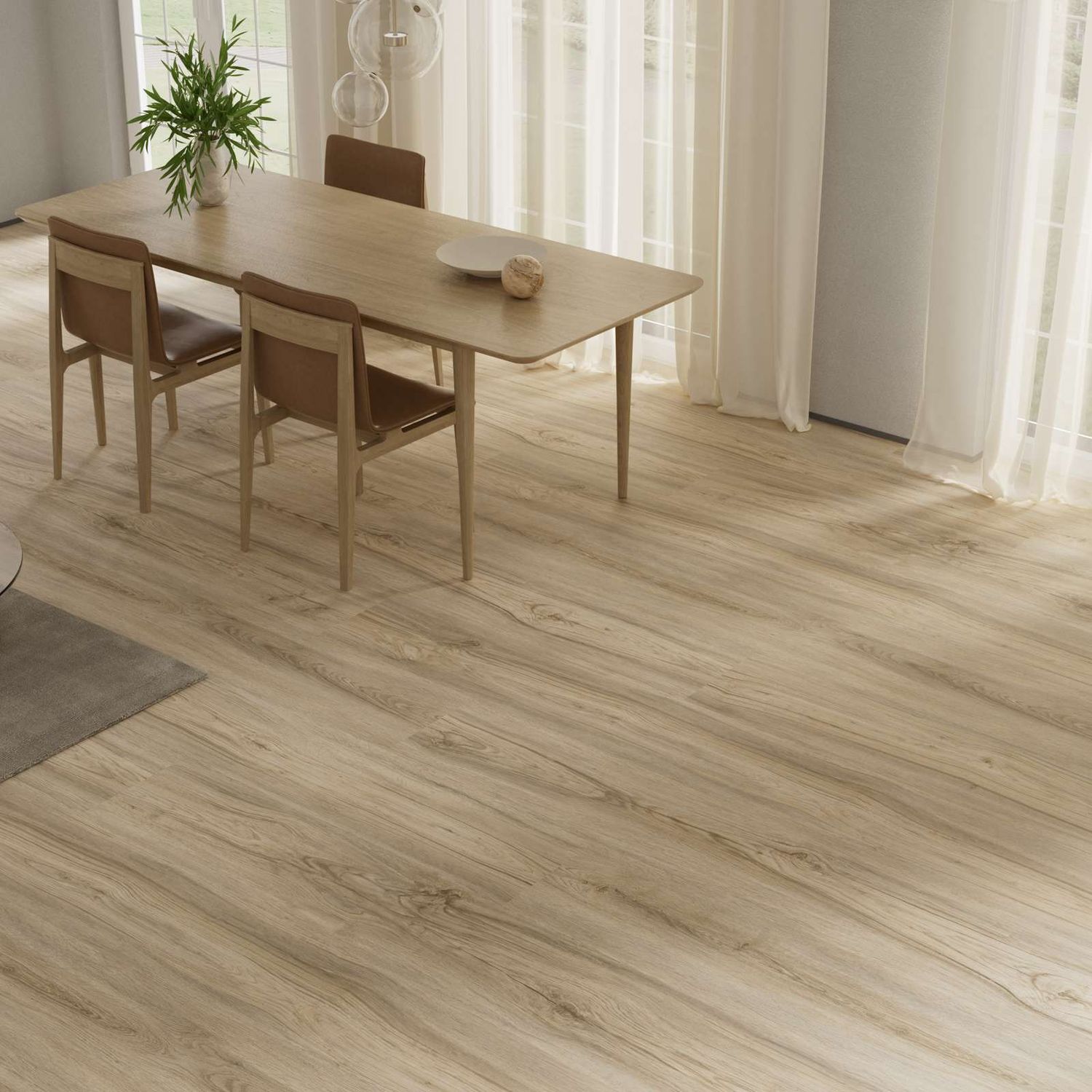 Klick-Vinyl in Holzoptik in der Farbe Elfenbein mit dunklen Akzenten in einem Esszimmer. Eiche Elfe…