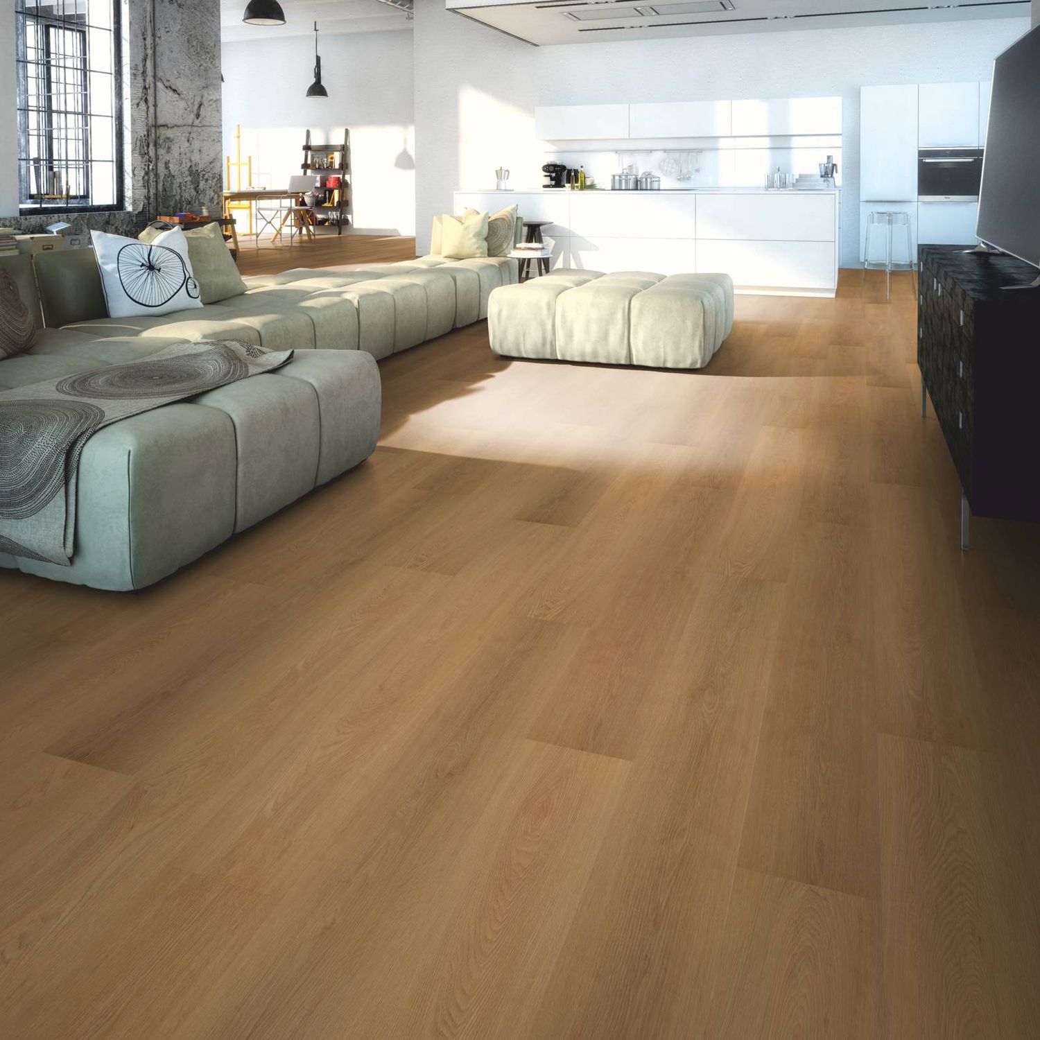 Klick-Vinyl in brauner Holzoptik mit feinen Holzmaserungen in einem großen Wohnzimmer. Eiche Bodega