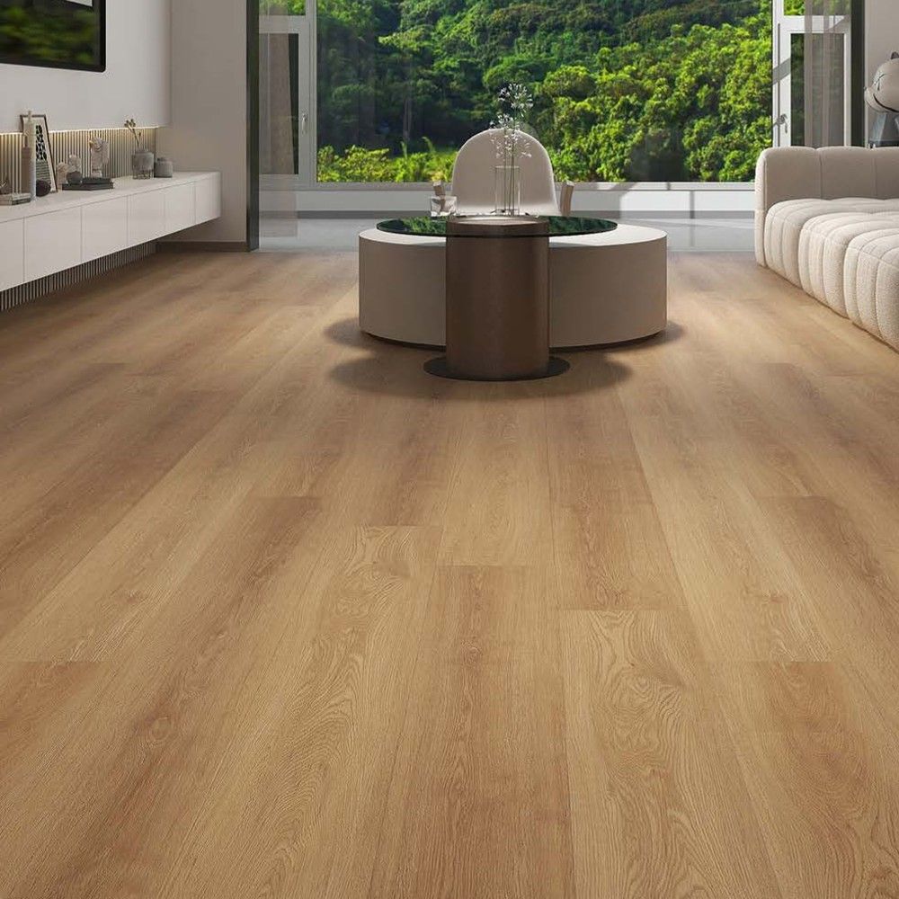 Klick-Vinykl in hellbrauner Holzoptik in einem Wohnzimmer. Eiche Pacific