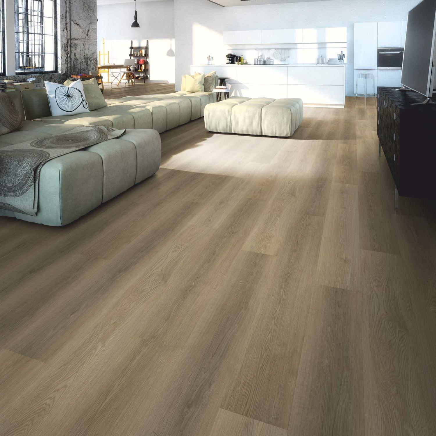 Klick-Vinyl in Holzoptik in einem Wohnzimmer. Die Farbe ist eine Mischung aus Braun und Grau. Cappucino Light