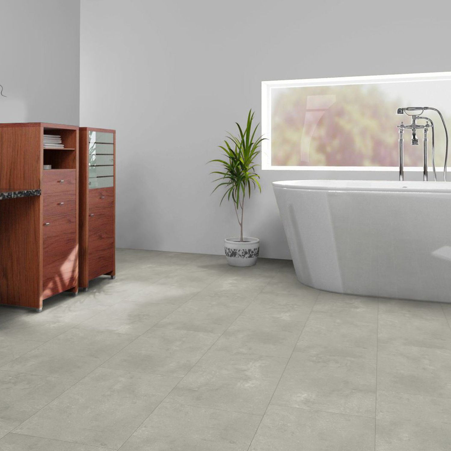 Klick-Vinyl in heller Betonoptik in einem Badezimmer. Beton Sand