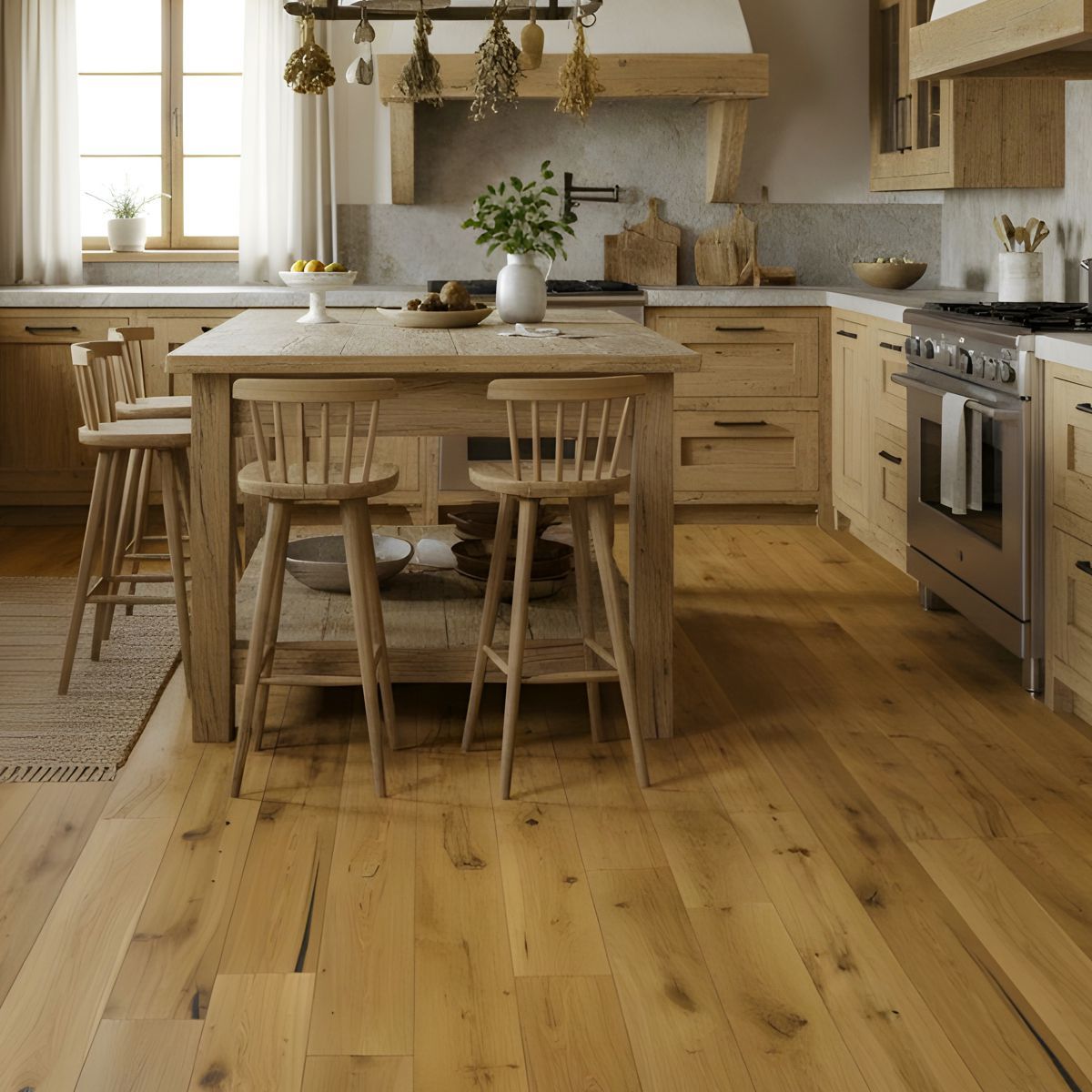 Parkettboden in dunkelbrauner Holzoptik in einer Küche. Eiche Roble