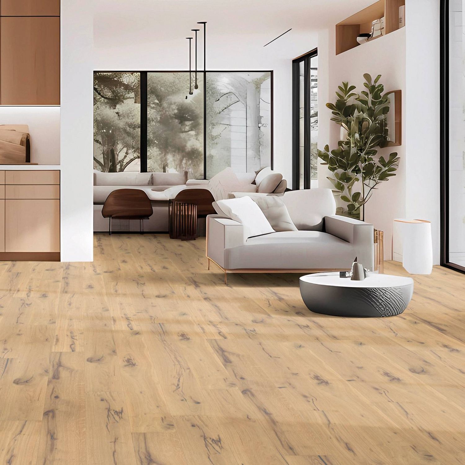 Parkettboden in 1 Stab Landhausdielenformat. Hellbraune Oberfläche und rustikale Optik. Bild des Pa…