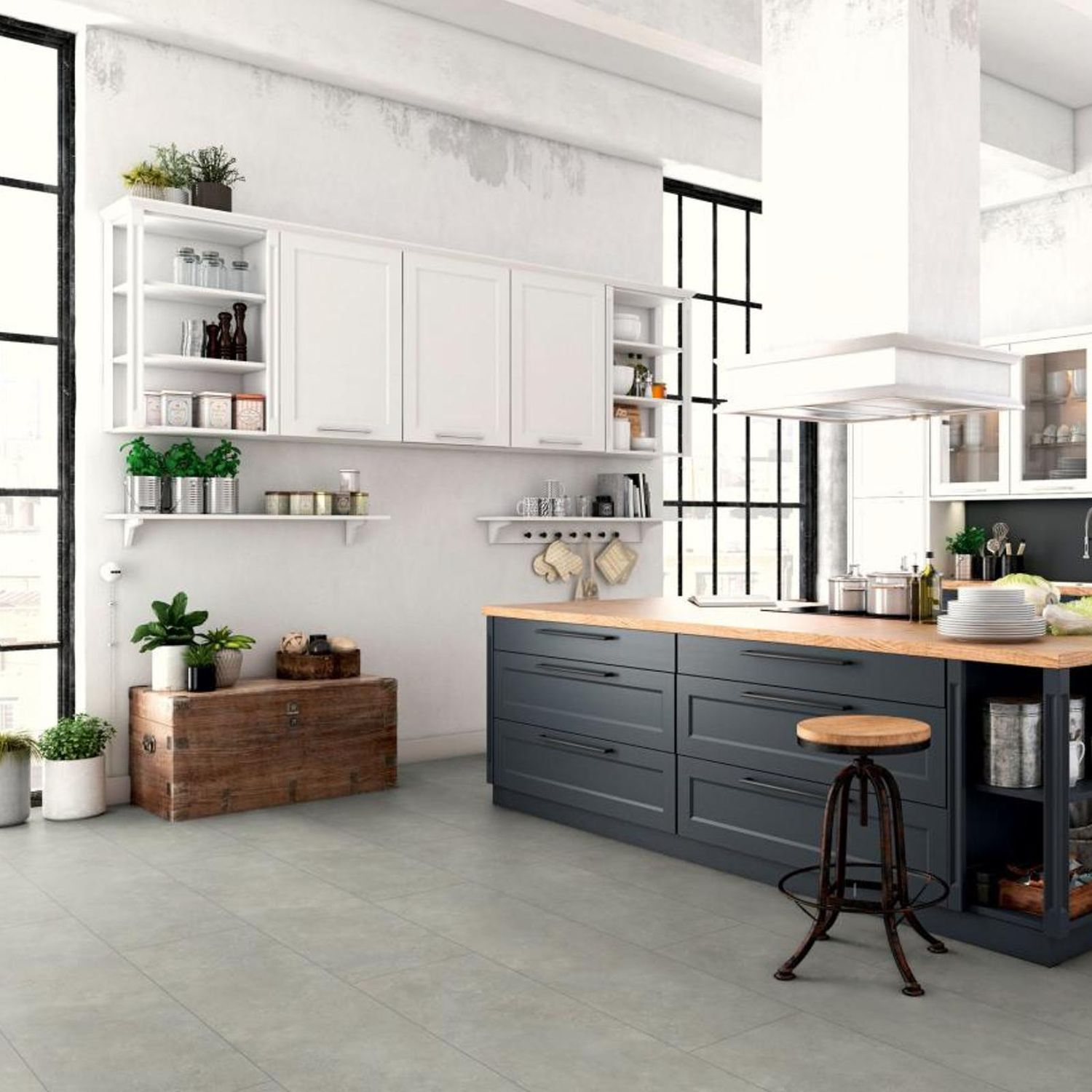 Laminat in grauer Fliesenoptik in einer Küche. 