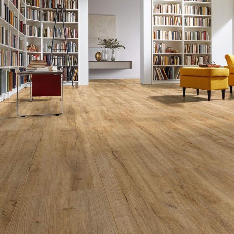 Laminatboden in heller Eichenholzoptik mir rustikalem Holzdekor. Bild des Laminats in einer Bibliothek. D3661
