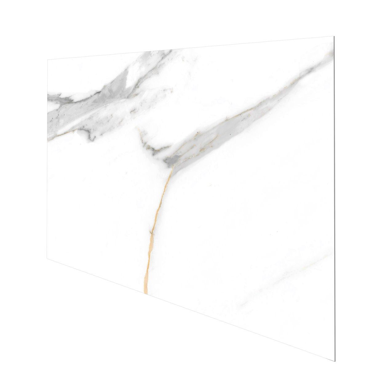 Wandpaneel in weißer hochglänzender Marmoroptik mit grauen und goldenen Elementen. 120 x 60 cm