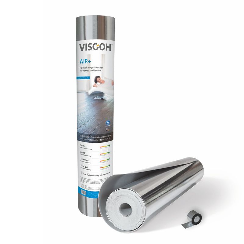 Eine Rolle Trittschalldämmung eingepackt und eine Rolle ausgepackt, daneben liegt Alu-Klebeband