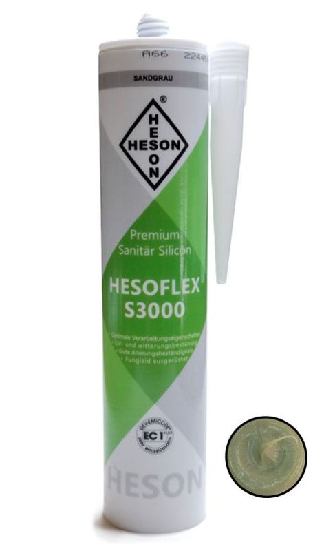 Silikon in der Farbe Sandgrau (Mischung aus hellbraun und grau) in einer Kartusche