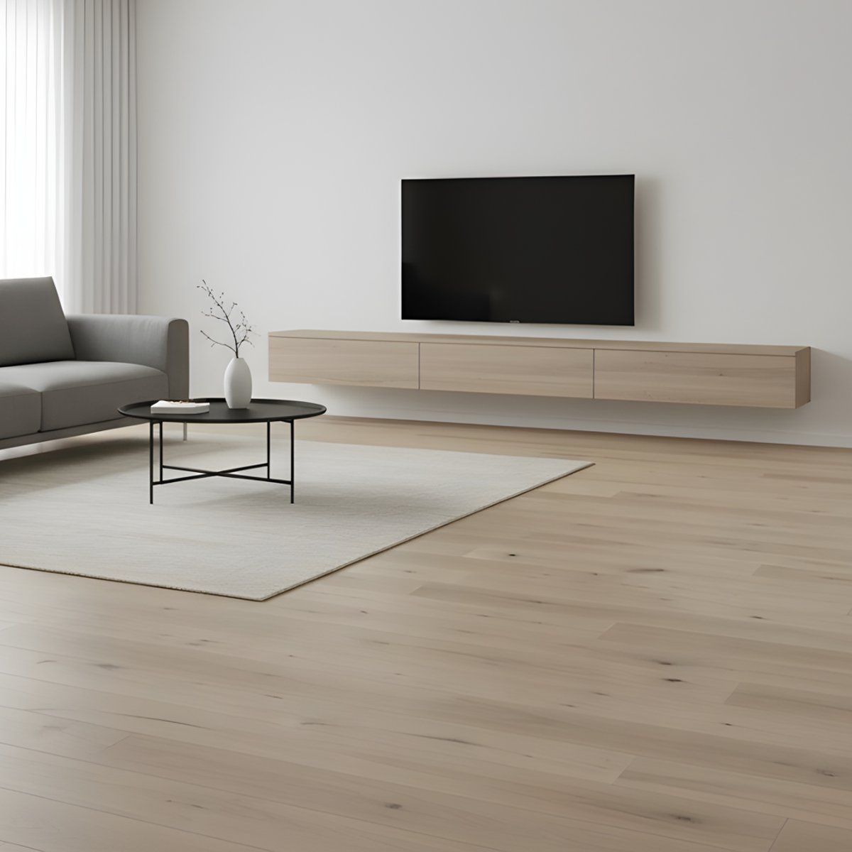 Parkettboden in heller Rohholzoptik in einem minimalistischen und modernem Wonhzimmer