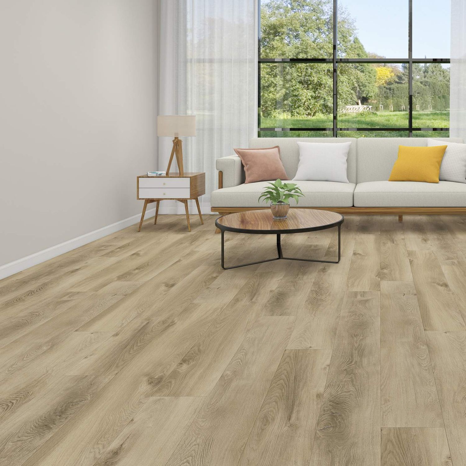 Klick Vinyl in beiger Holzoptik und leichter rustikaler Art in einem offenen Wohnbereich mit modern…
